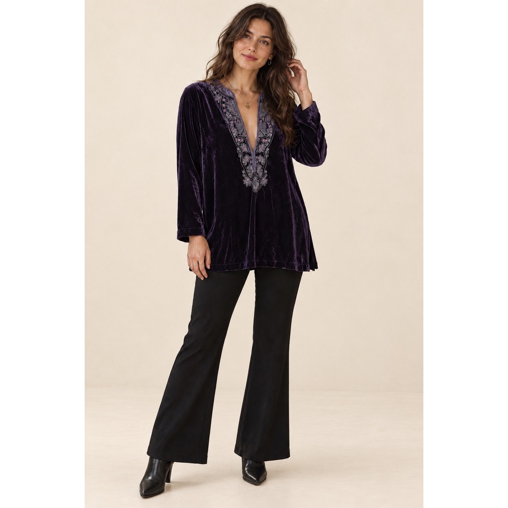 Chico's Velvet Tunic Top Size 2/L Purple Embroidered Deep V Neck Long Sleeve